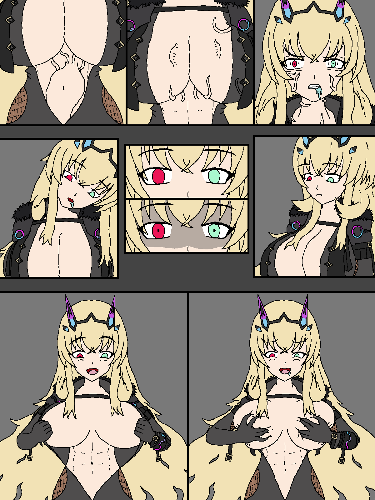 abs alien alien_parasite_(the_hidden) androgynous_dom barghest_(fate) breast_fondling breasts comic corruption crossover expressionless fate/grand_order fate_(series) femsub gloves green_eyes happy_trance holding_breasts justlooking727 large_breasts open_clothes open_mouth parasite possession red_eyes smile stomach_bulge the_hidden