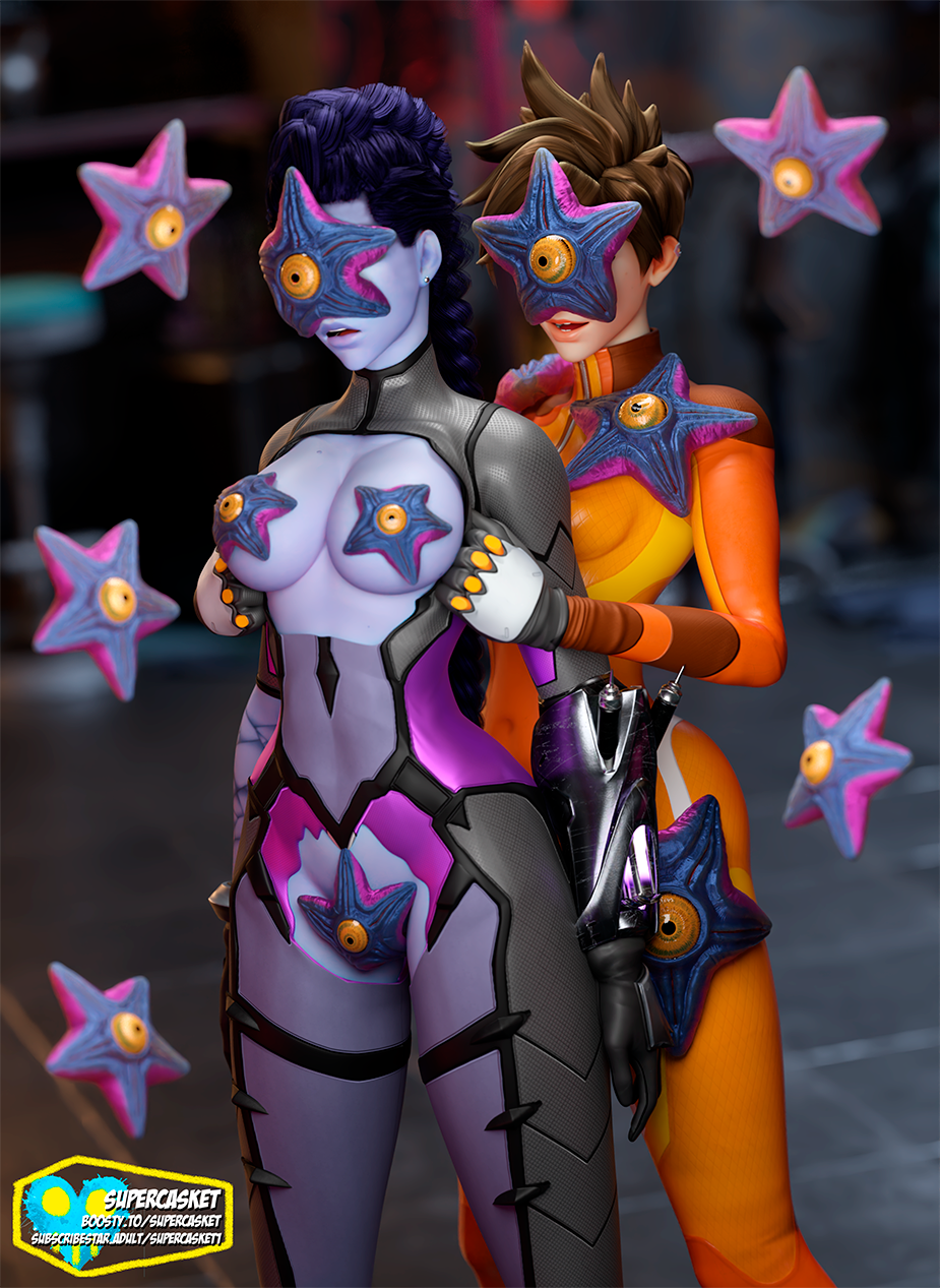 3d black_eyes blender bodysuit breasts brown_hair cleavage corruption crossover dc_comics exposed_chest long_hair overwatch parasite ponytail possession purple_hair short_hair starro supercasket superman_(series) tracer widowmaker yellow_sclera