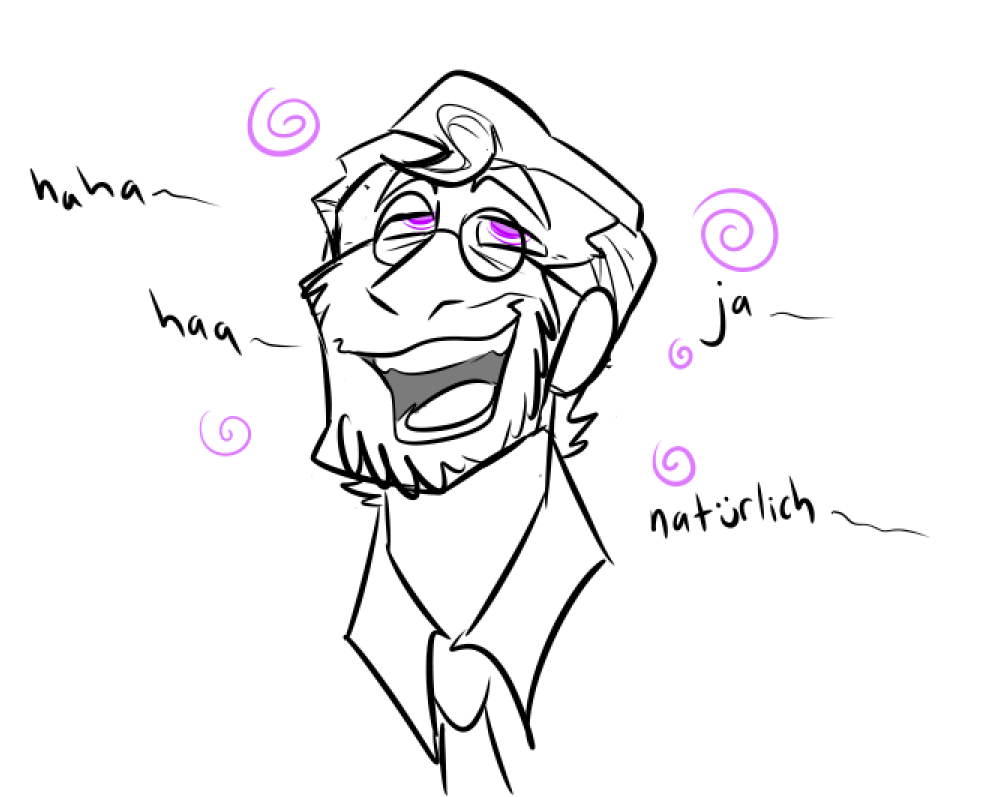 altered_common_sense beard dazed dialogue eye_roll german_text glasses happy_trance male_only medic_(team_fortress_2) mx_driftdrop purple_eyes simple_background smile solo team_fortress_2 translation_request valve white_background