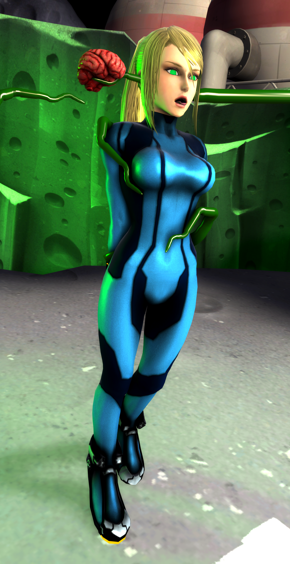 3d alien blonde_hair bodysuit brain brain_sucking brainless breasts external_brain female_only femsub green_eyes large_breasts legs lobotomy metroid_(series) nintendo pembroke ponytail samus_aran source_filmmaker zero_suit