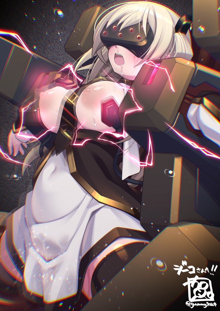 bangs blonde_hair blush boots corruption drool electricity female_only femsub gloves gummy1024 japanese_text long_hair nipples open_mouth restrained signature spread_legs sweat tech_control thigh_boots thighhighs tie visor