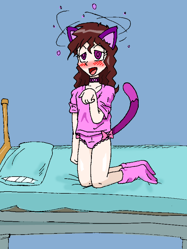 androgynous animal_ears blush brown_hair cat_ears collar crossdressing dazed empty_eyes feminization happy_trance karma-x male_only malesub original panties socks underwear