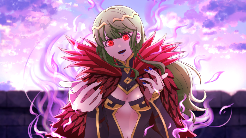 aura cape cleavage_cutout corruption ephikro0810 female_only femsub fire_emblem fire_emblem_echoes fire_emblem_mystery_of_the_emblem glowing_eyes green_hair hair_ornament harrier_(fire_emblem) lipstick long_hair nail_polish navel necklace nintendo palla_(fire_emblem) pov red_eyes ring solo tagme