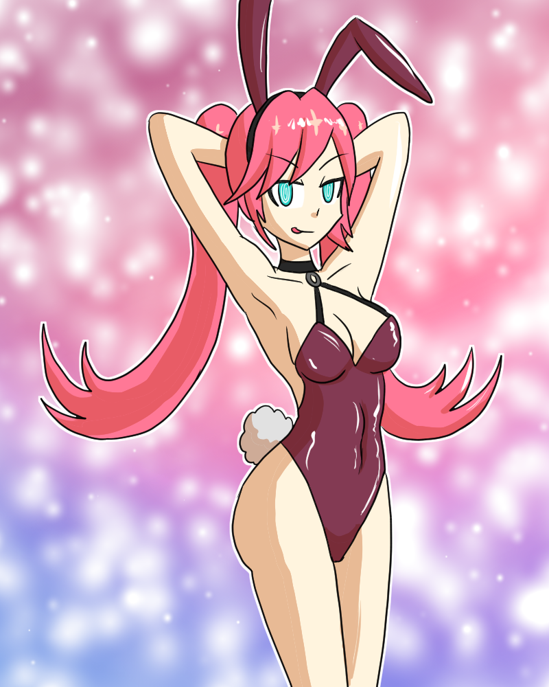 armpits arms_above_head bangs bare_legs blue_eyes bunny_ears bunny_girl bunnysuit choker cleavage collarbone fake_animal_ears fake_tail femsub gradient_background hand_on_head leticia_(world_flipper) mythkaz pink_hair posing simple_background spiral_eyes symbol_in_eyes tagme twintails very_long_hair world_flipper