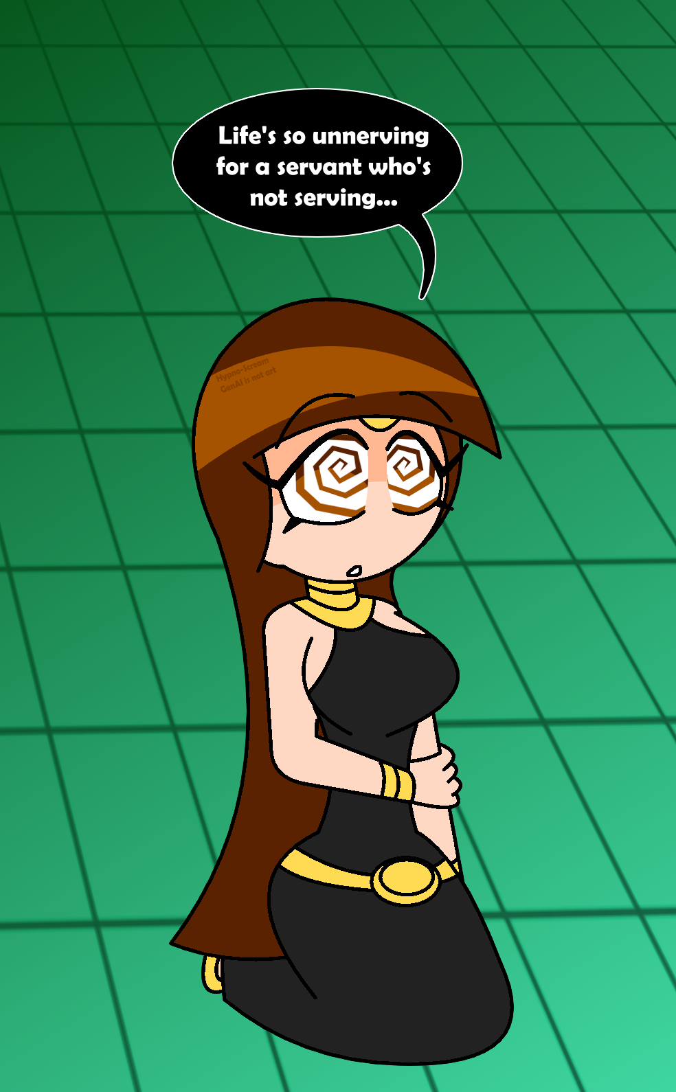 aged_up alternate_costume bare_shoulders belt brown_eyes brown_hair charlotte_emily crossover dress english_text eyebrows_visible_through_hair eyelashes facial_markings femsub five_nights_at_freddy's green_background hypnoscream kneeling long_hair pov_dom purification sailor_moon_(series) shiny_hair simple_background solo speech_bubble spiralwash_eyes straight-cut_bangs