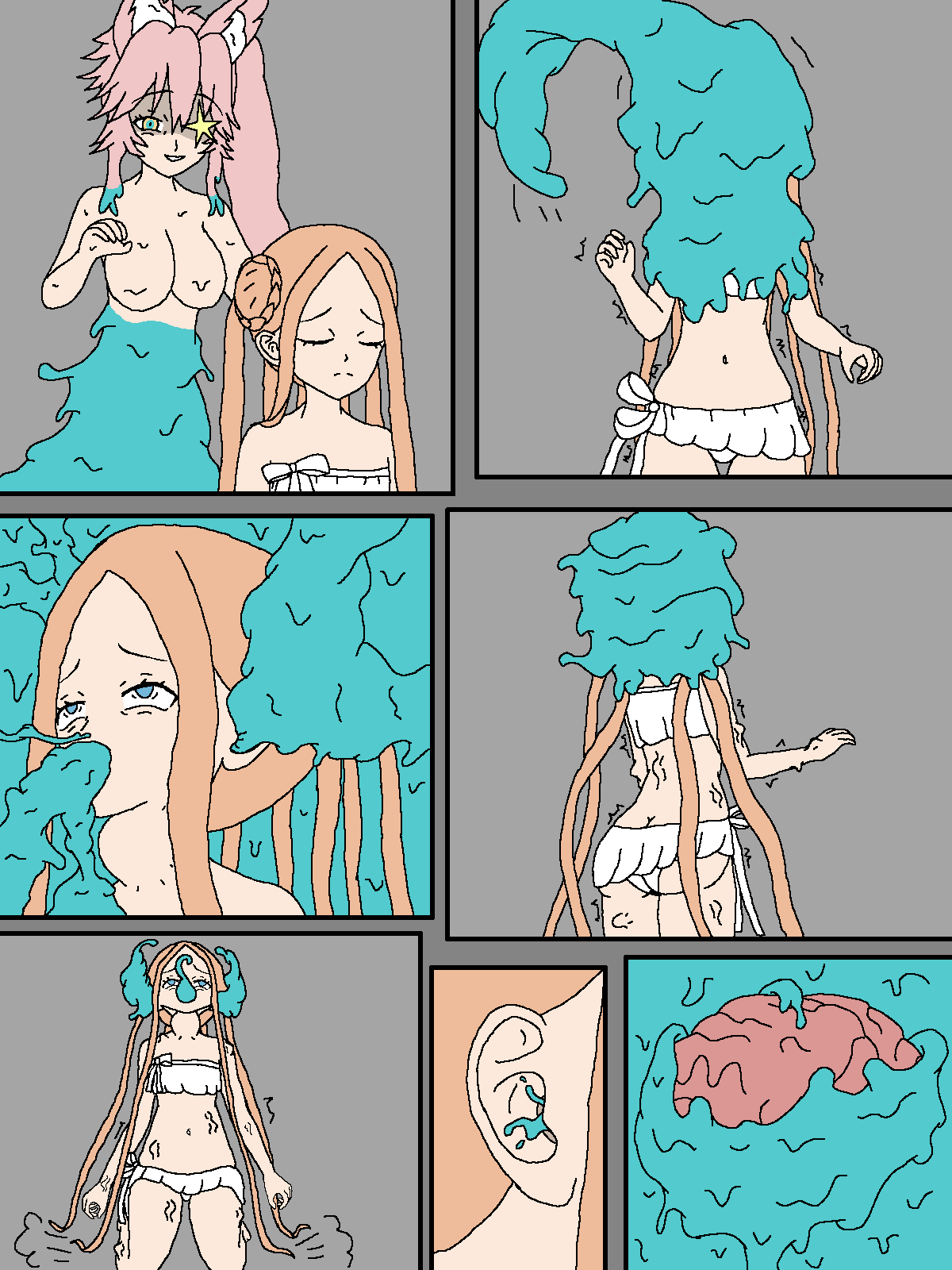 abigail_williams ass bare_shoulders bb_(fate/extra_ccc) blonde_hair blue_eyes brain brain_injection breasts cleavage closed_eyes comic empty_eyes eye_color_change fate/extra_ccc fate/grand_order fate_(series) femsub from_behind goddess grey_background hypnotic_slime justlooking727 koyanskaya maledom midriff multicolored_eyes navel nude pink_hair possession ritsuka_fujimaru_(male) simple_background slime story