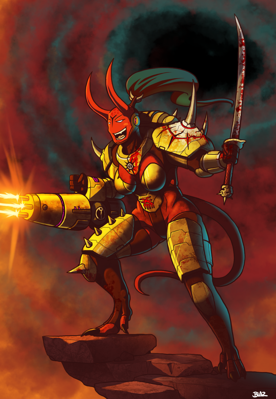 alien blazbaros blood brown_hair corruption demon_girl gun horns khorne long_hair monster_girl ponytail red_skin sword tau torn_clothes warhammer_40k weapon