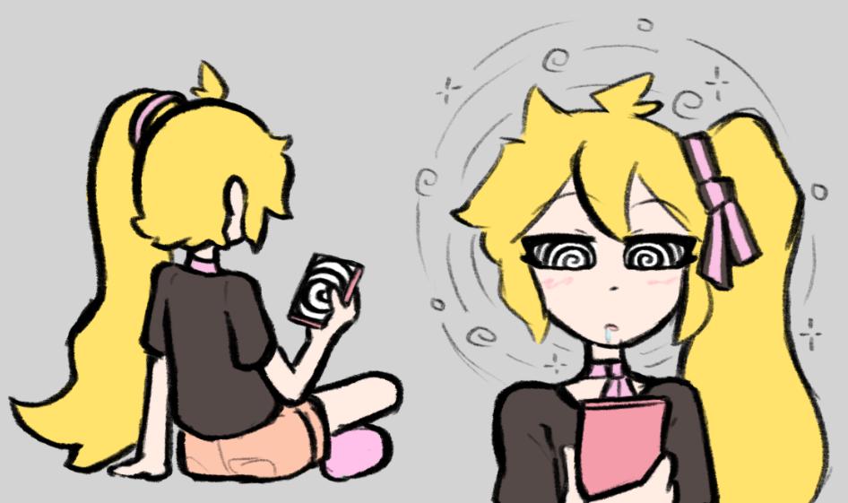 blonde_hair drool female_only femsub grey_background hypnotic_screen neru_akita open_mouth original phone ponytail side_ponytail simple_background sitting skecchyartist spiral spiral_eyes spiralwash_eyes symbol_in_eyes very_long_hair vocaloid