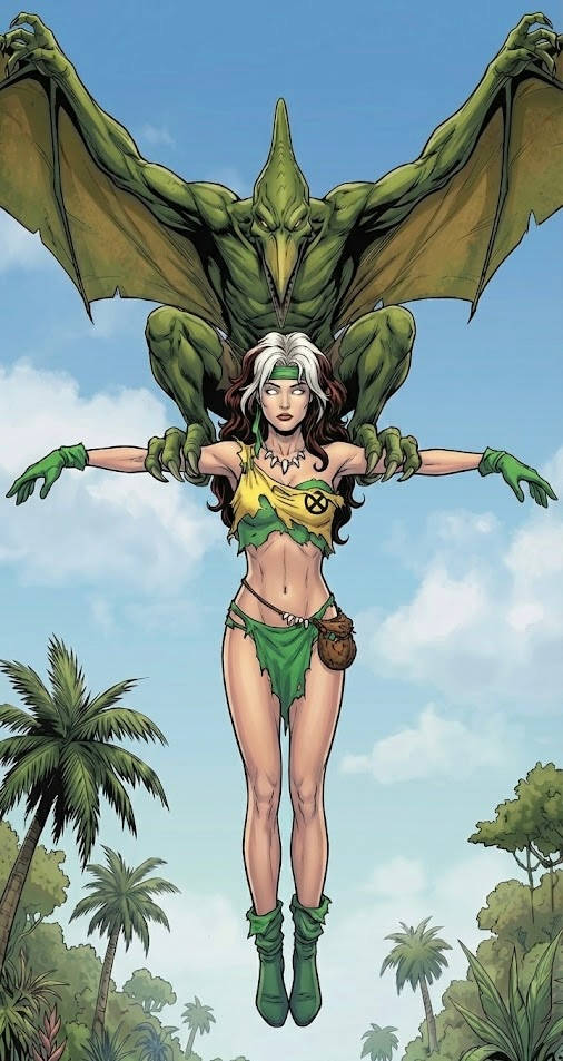 ai_art cleavage clothed collarbone dinosaur expressionless femsub fortunadoe_(generator) gloves headband loincloth long_hair maledom marvel_comics midriff multicolored_hair navel necklace rogue sauron shoes whitewash_eyes x-men