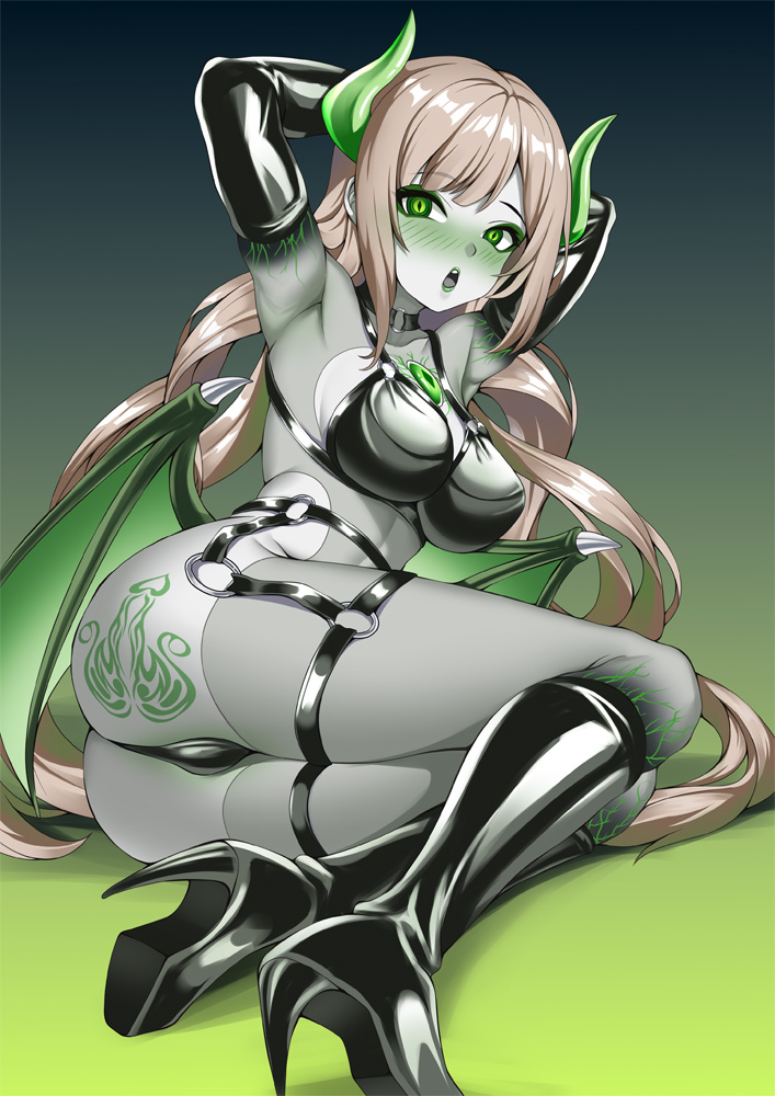 blush character_request corruption demon_girl female_only femsub green_eyes hadant horns kantai_collection knee-high_boots looking_at_viewer tagme