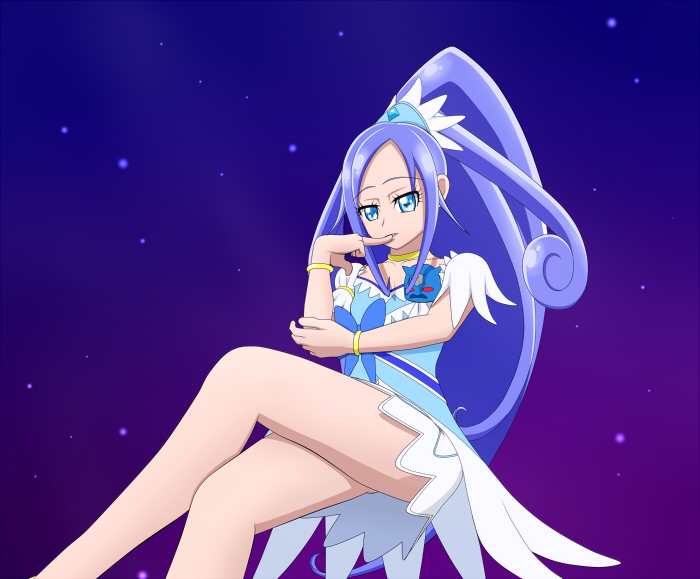 alternate_costume bare_legs blue_eyes bracelet breasts choker control_indicator crossed_arms crossed_legs crossover cure_diamond doki_doki!_precure femsub finger_to_mouth floating kamen_rider kamen_rider_den-o legs maledom ponytail ponzu_sht possession precure purple_hair rikka_hishikawa sitting urataros very_long_hair