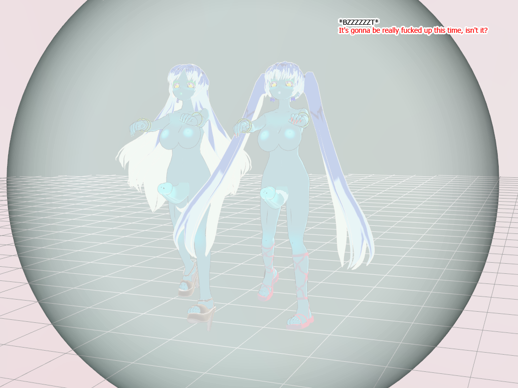 3d 3d_custom_girl bimbofication blonde_hair blue_eyes breasts expressionless futanari henshin-san high_heels inverted_colors large_penis long_hair multiple_girls multiple_subs nude simple_background text twintails zombie_walk