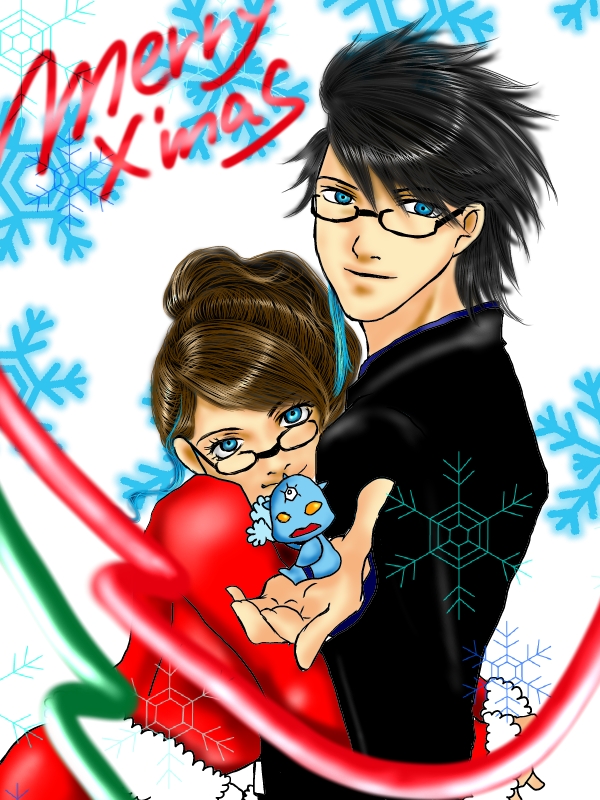 alternate_costume black_hair blue_eyes blue_hair brown_hair christmas dual_persona english_text glasses happy_trance hat hug kakotan kamen_rider kamen_rider_decade kamen_rider_den-o looking_at_viewer multicolored_hair natsumi_hikari possession ryotaro_nogami santa_costume santa_hat smile text urataros