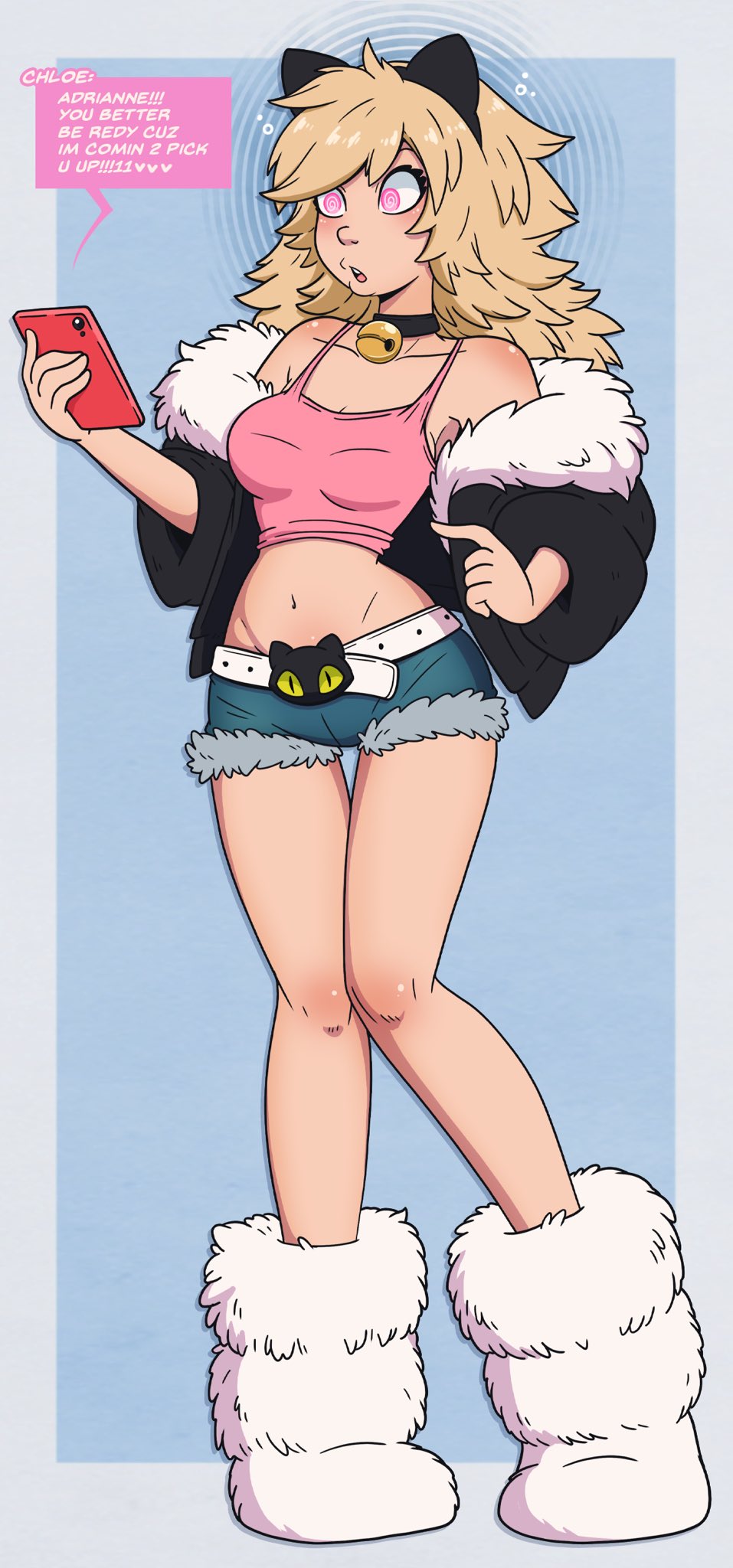 adrien_agreste bell_collar bimbofication blonde_hair blue_background boots border brain_drain cat_ears cell_phone clothed coat collar collarbone crop_top dazed english_text expressionless fake_animal_ears female_only femsub fur_coat hourglass_figure knees_together long_hair midriff miraculous_ladybug open_mouth phone pink_eyes short_shorts shorts simple_background solo speech_bubble spiral spiral_eyes standing symbol_in_eyes tank_top text thigh_gap transformation transgender wrenzephyr2