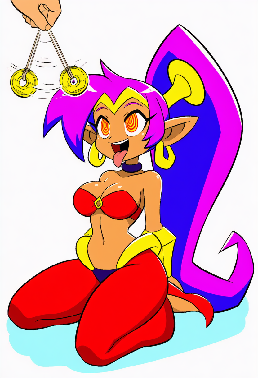 ai_art coin femsub genie happy_trance harem_outfit jewelry kneeling large_breasts maledom navel pendulum ponytail purple_hair shantae shantae_(series) simple_background spiral_eyes tan_skin tongue tongue_out valukore_(generator) very_long_hair