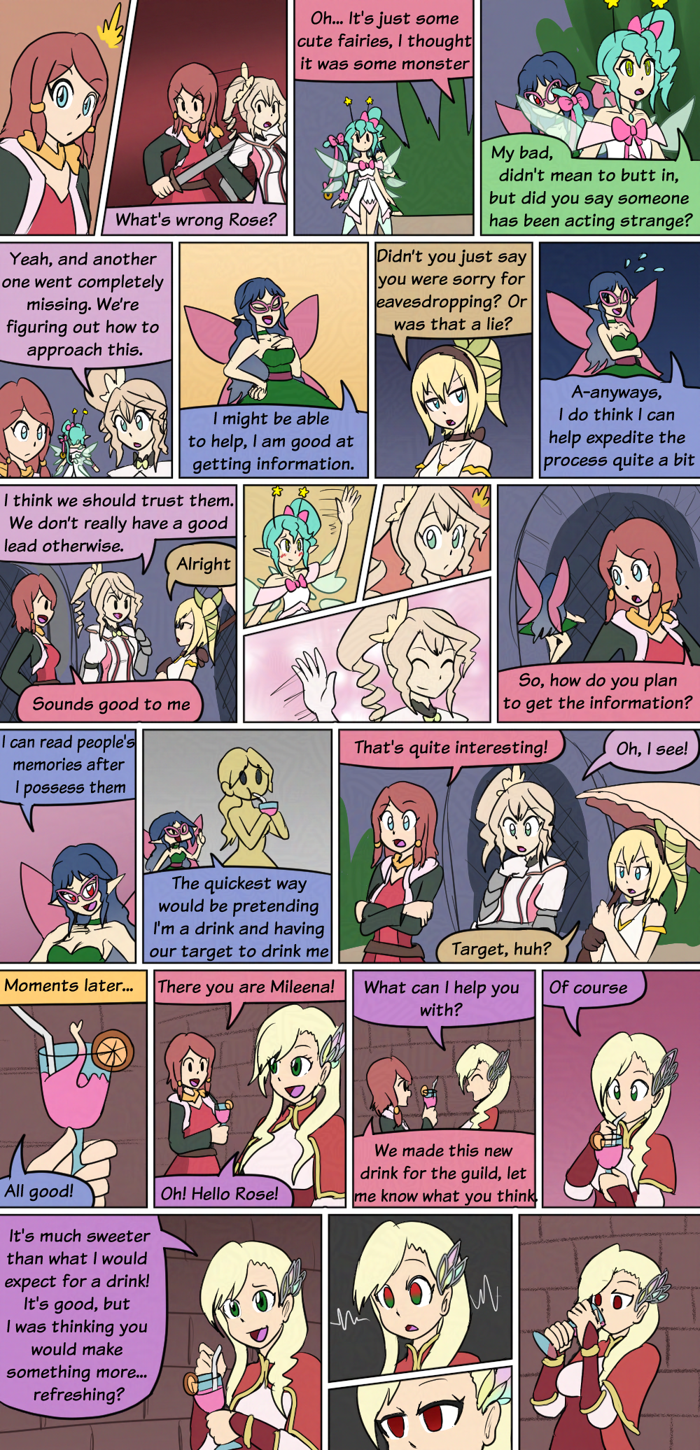 alisha_(tales_of_zestiria) alternate_form antenna_(biology) bandai_namco bappy_(hypnolandom) black_eyes blonde_hair blue_hair blush closed_eyes comic dialogue drinking edna_(tales_of_zestiria) empty_eyes english_text eye_color_change fairy femdom femsub glasses green_eyes green_hair hypnotic_drink hypnotic_slime liling_(bluenayru) mileena_weiss multicolored_eyes multiple_girls mythkaz original possession red_eyes red_hair rose_(tales_of_zestiria) slime smile speech_bubble story sweat tales_of_(series) tales_of_the_rays tales_of_zestiria text transformation umbrella
