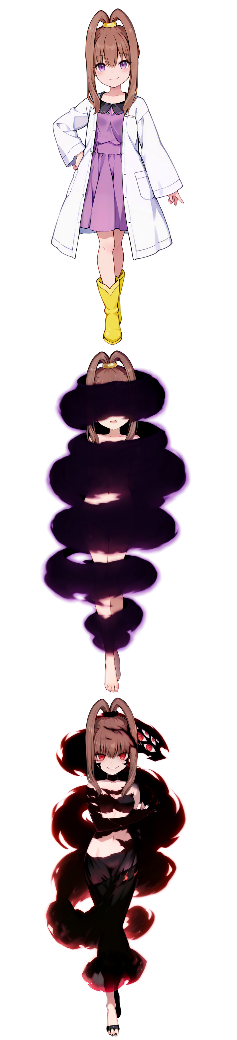 absurdres ai_art bandai_namco black_nail_polish brown_hair digimon digimon_xros_wars eye_color_change femsub kkk_(generator) looking_at_viewer midriff nail_polish navel nene_amano ponytail possession purple_eyes red_eyes ring_eyes shademon simple_background toenail_polish transformation white_background