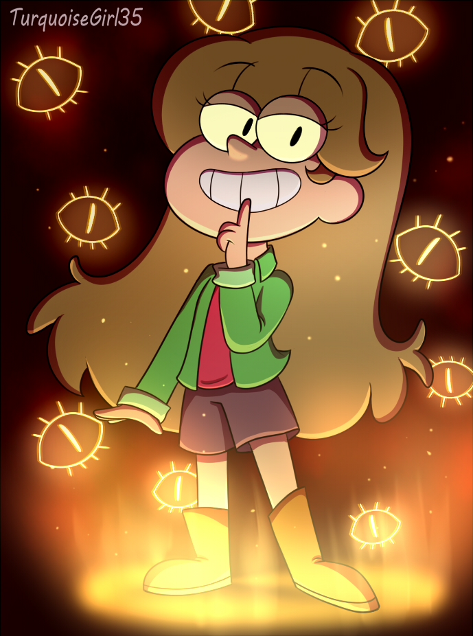 bill_cipher boots eyebrows_visible_through_hair femsub gravity_falls gwen_pines jacket long_hair nightmare_fuel orange_hair original pentagram possession shorts signature smile smug turquoisespace35 yellow_eyes