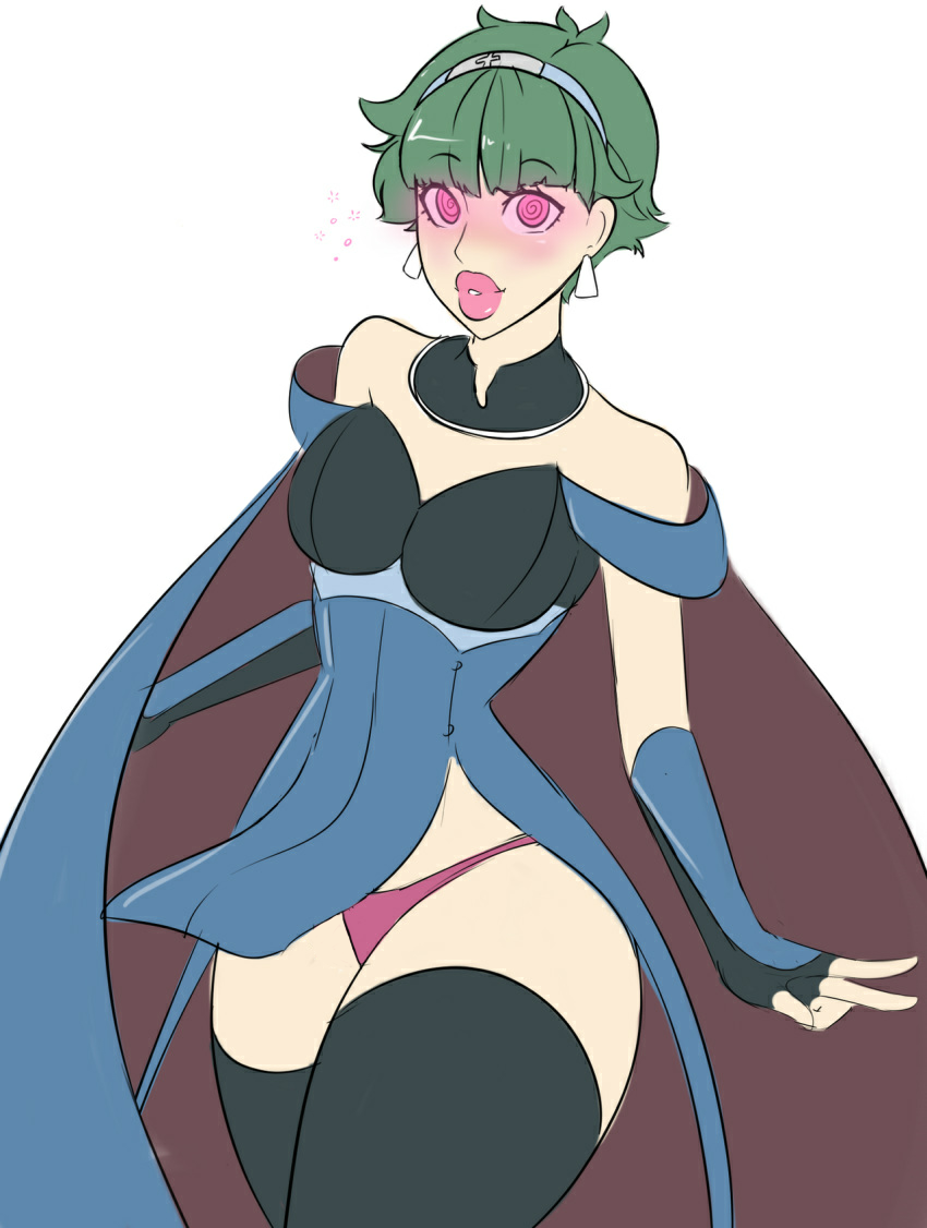 alm_(fire_emblem) bare_shoulders blush breasts bulge cape celica_(fire_emblem) cosplay crown dress earrings fingerless_gloves fire_emblem fire_emblem_echoes genderswap gloves glowing glowing_eyes green_hair happy_trance identity_swap jewelry large_breasts large_lips lipstick malesub manip nintendo pink_eyes sealguy short_hair spiral_eyes symbol_in_eyes thighhighs thong white_background