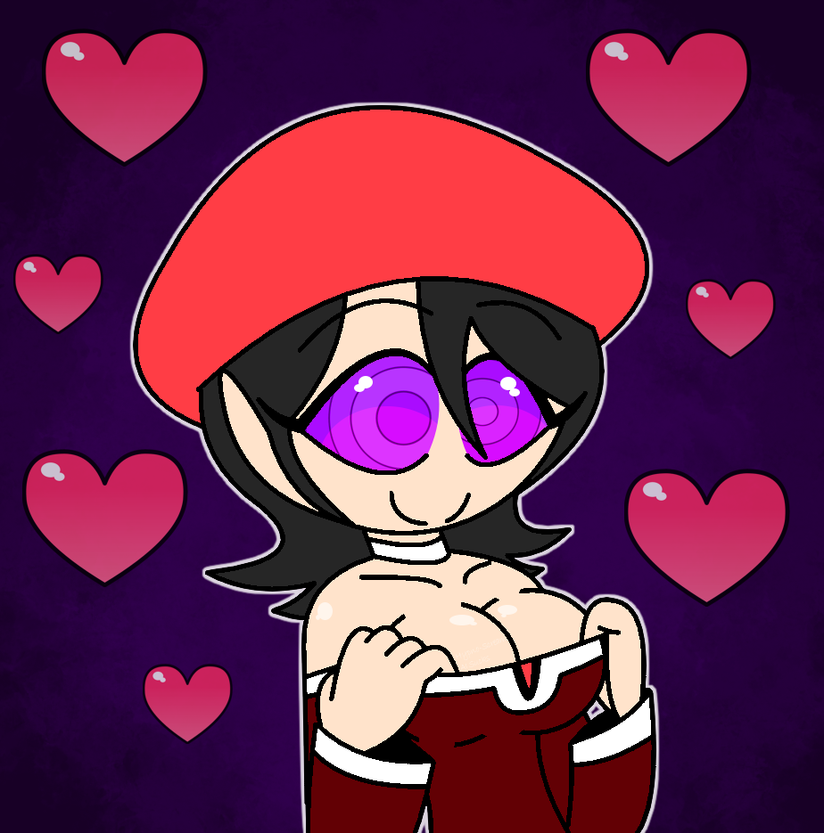 adeleine aged_up alternate_costume bare_shoulders beret black_hair choker cleavage collarbone eyebrows_visible_through_hair eyelashes femsub happy_trance heart hypnoscream kirby_(series) large_breasts nintendo pov_dom purple_eyes ring_eyes shiny_skin short_hair simple_background smile solo standing undressing