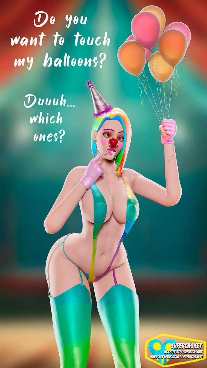 3d ashe_(overwatch) balloon blender brain_drain clown_girl drool femsub overwatch rainbow_hair sling_bikini supercasket text