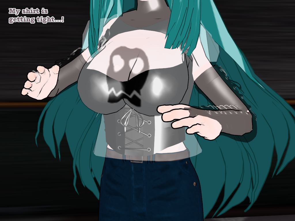 3d cleavage corset cyan_hair fingerless_gloves flamekin gothification jeans large_breasts leather long_hair text transformation transgender