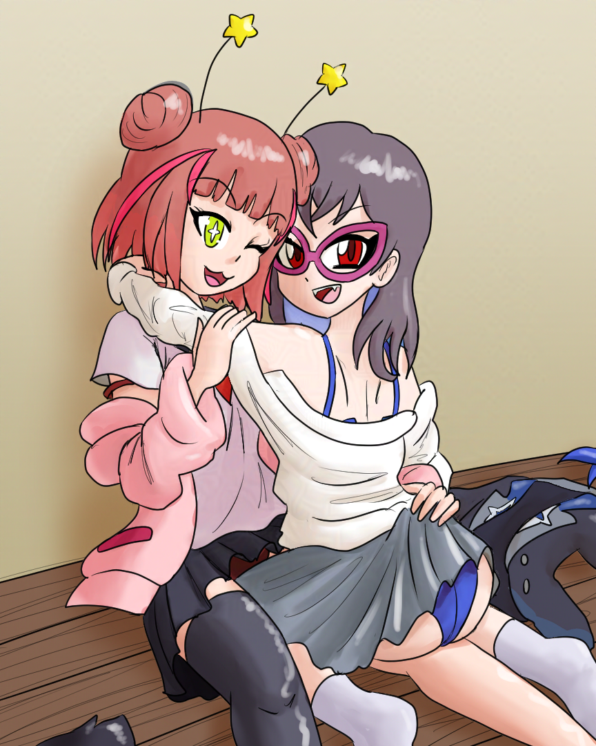 antenna_(biology) arms_behind_back ass bappy_(hypnolandom) bare_shoulders clothed cygames eye_color_change fairy fangs female_only femdom femsub from_behind glasses green_eyes happy_trance hug jacket kneeling liling_(bluenayru) long_hair looking_at_viewer mythkaz one_eye_open open_mouth original possession purple_hair red_eyes red_hair rinne_hikawa shirt short_hair sitting skirt skirt_lift smile socks sub_on_sub tagme thighhighs thighs wink world_flipper yuki_mishima yuri