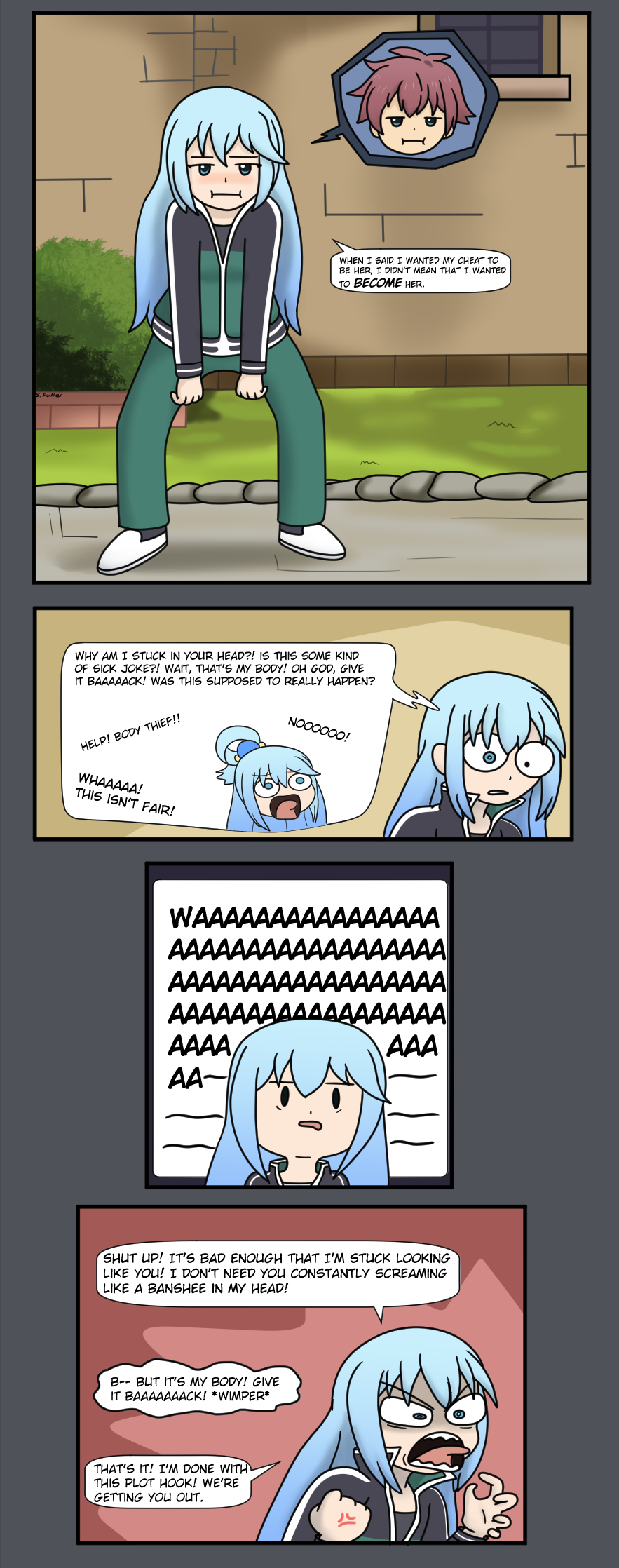 alternate_costume alternate_hairstyle angry aqua_(konosuba) aware black_eyes blue_eyes blue_hair brisksunrise brown_hair clothed comic cosplay dialogue english_text expressionless femsub goddess kazuma_satou kono_subarashii_sekai_ni_shukufuku_wo! maledom open_mouth outdoors pants possession sharp_teeth shirt shoes short_hair speech_bubble standing text tongue tongue_out very_long_hair