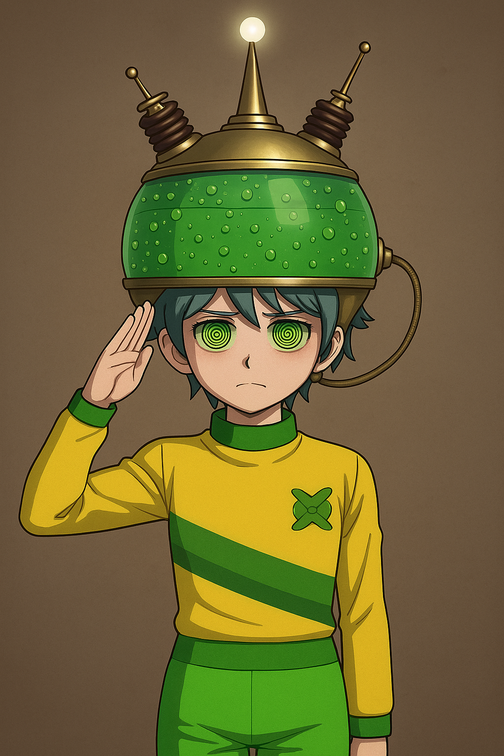 ai_art blue_hair dangan_ronpa dangan_ronpa_another_episode green_eyes helmet injection jimmy_neutron_(series) nagisa_shingetsu night_fire_(generator) saluting short_hair spiral_eyes yolkian