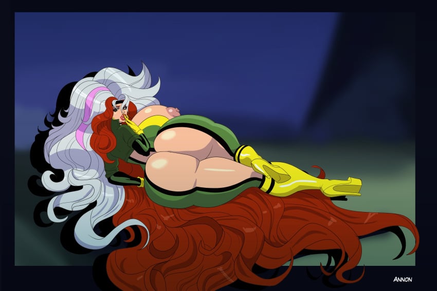 ass bimboannon bodysuit boots breasts_outside clothed_exposure erect_nipples eyeshadow female_only femsub finger_to_mouth gloves high_heels huge_ass huge_breasts long_hair looking_back marvel_comics multicolored_hair nipples rogue simple_background thick_thighs x-men x-men_(tv_series)