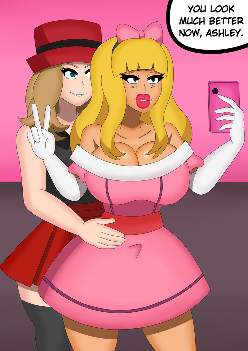 ash_ketchum blonde_hair blue_eyes bow brown_hair cell_phone crossdressing dialogue dress erection erection_under_clothes fake_breasts femboy femdom feminization gloves hat hinata-hime lipstick malesub nintendo opera_gloves phone pokemon pokemon_(anime) red_lipstick serena simple_background sissy skirt smile speech_bubble thighhighs v