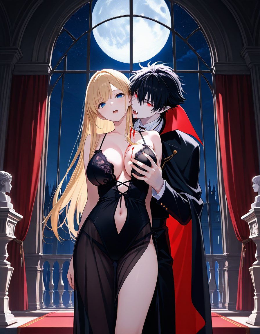 ai_art bite_mark biting black_hair blonde_hair blood blue_eyes empty_eyes femsub goaa112_(generator) large_breasts lingerie maledom night nightgown red_eyes tagme vampire