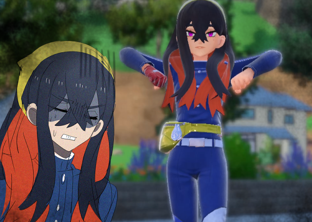 angry black_hair carmine_(pokemon) embarrassed femsub hairband humiliation long_hair multicolored_hair nintendo oekaki_y_r2 pokemon pokemon_scarlet_and_violet red_hair screenshot sweat