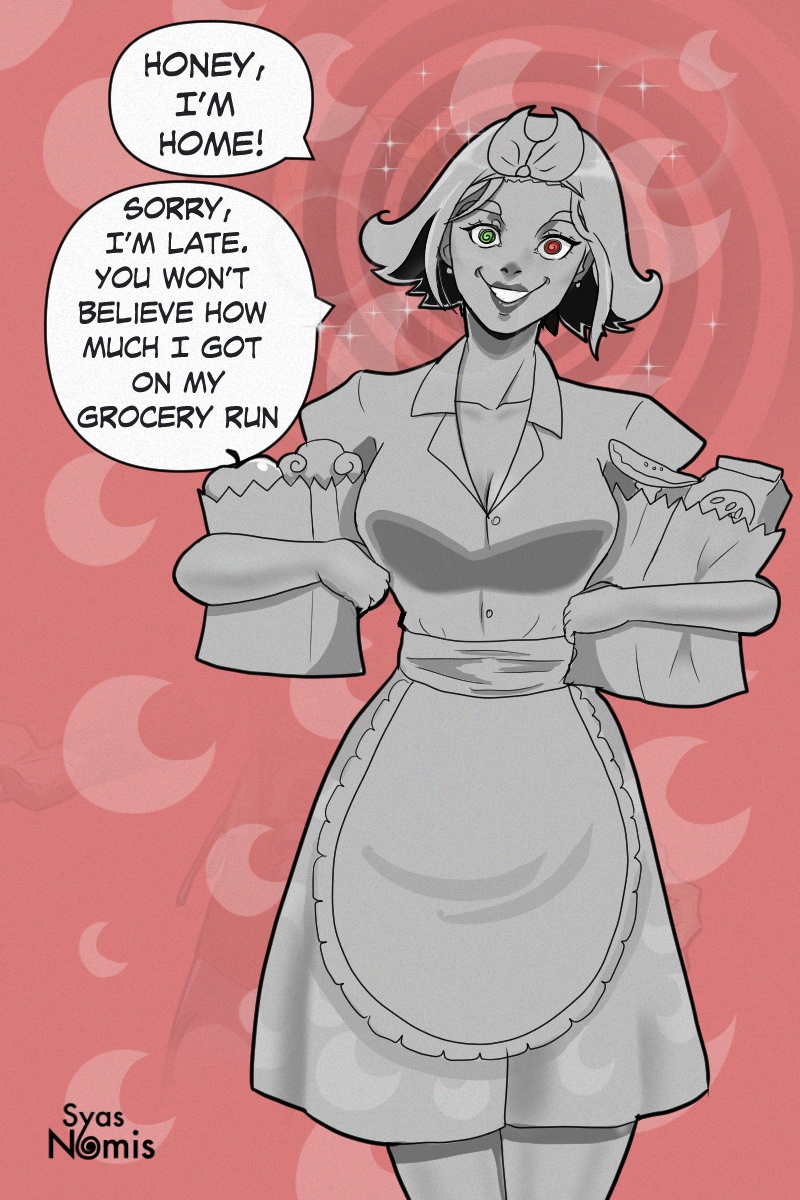 apron circlet clothed dialogue dress earrings female_only femsub hades_(game) hades_2 happy_trance heterochromia housewife hypnovember lipstick looking_at_viewer melinoe_(hades) monochrome pov pov_dom short_hair signature simple_background smile speech_bubble spiral spiral_eyes standing stepfordization syas-nomis text