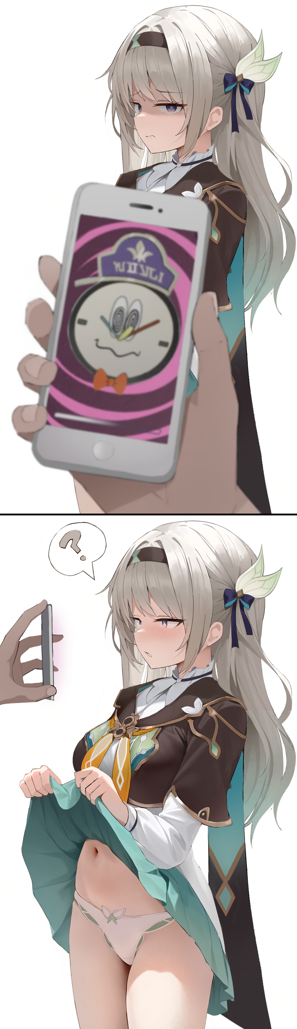 absurdres bare_legs before_and_after blush breasts cell_phone confused female_only femsub firefly_(honkai_star_rail) grey_hair hair_ornament headband honkai_star_rail hypnotic_screen long_hair midriff multicolored_eyes navel open_mouth panties phone redshark ribbon sequence simple_background skirt skirt_lift small_breasts speech_bubble spiral_eyes symbol_in_eyes tech_control thigh_gap unaware underwear white_background