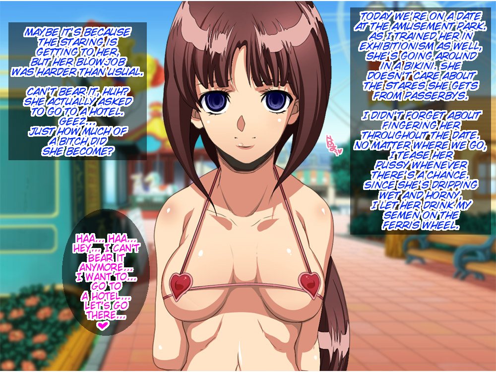 after_war_gundam_x bikini bikini_bottom bikini_top blue_eyes breasts brown_hair dialogue empty_eyes english_text expressionless femsub gundam_(series) hard_translated maledom micro_bikini text tiffa_adill translated youkai_tamanokoshi