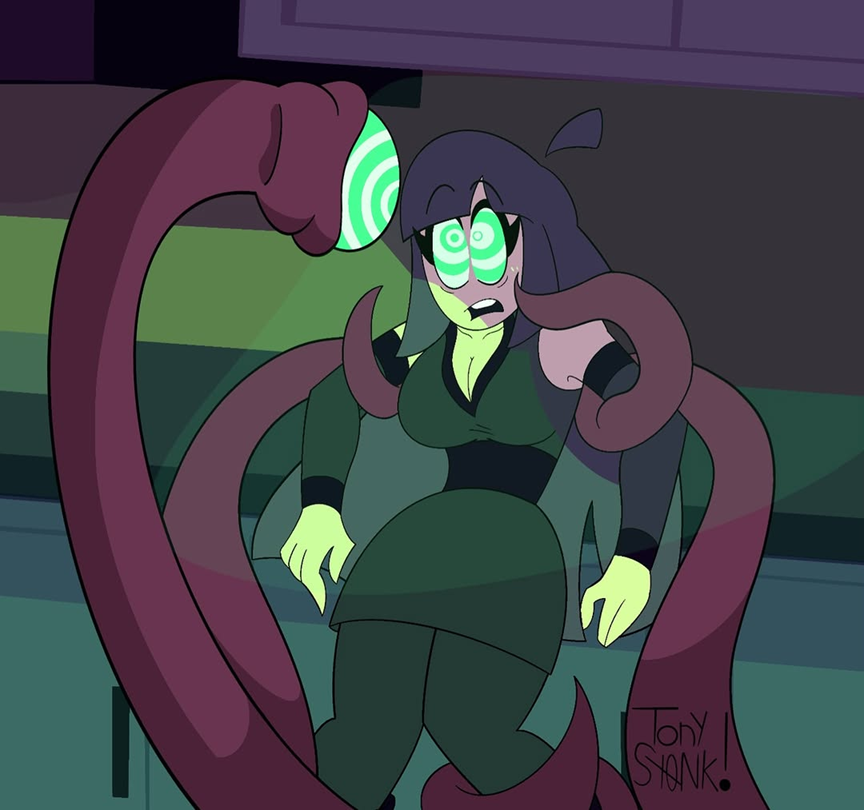 ahoge arm_warmers cleavage clothed femsub hypnotic_eyes hypnotic_tentacle large_breasts lila_(sr_pelo) long_hair milf open_mouth purple_hair ring_eyes skirt spooky_month straight-cut_bangs surprised tentacles tonyst0nk