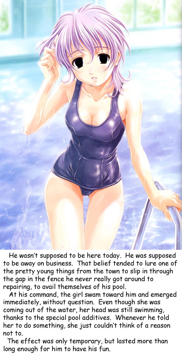 blush caption cleavage dazed deathwish_(manipper) empty_eyes female_only femsub hypnotic_drug leni_milchstrasse maledom manip maruto! one-piece_swimsuit pool purple_hair sakura_taisen sakura_taisen_ii school_swimsuit short_hair solo swimsuit text wet