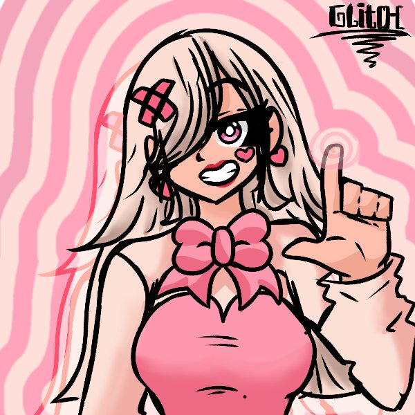 bangs bow_tie earrings eyelashes female_only femdom glitch_fatal hair_covering_one_eye hair_ornament hair_ribbon lipstick long_hair looking_at_viewer makeup original pink_eyes pov_sub smile smirk smug solo spiral spiral_background watermark white_hair