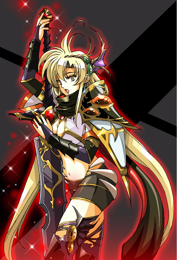 alternate_costume aura blonde_hair breasts cleavage cleavage_cutout corruption earrings eye_color_change eyeshadow female_only femsub glowing hisho jewelry langrisser liana_(langrisser) lipstick long_hair makeup midriff nail_polish navel open_mouth ring_eyes shrunken_irises solo sparkle sword thighhighs thighs weapon
