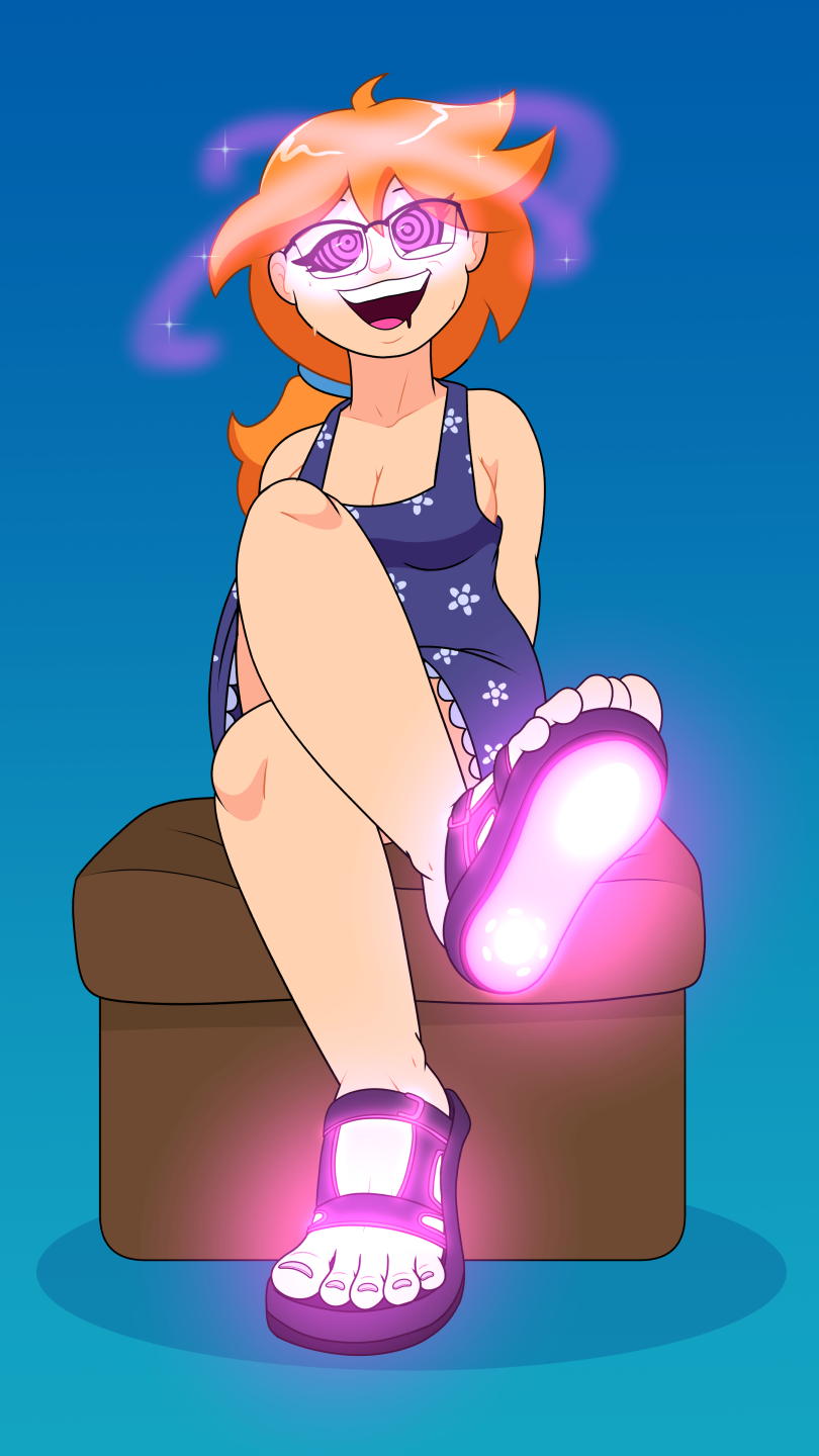 blue_background character_request copyright_request crossed_legs drool feet femsub foot_focus glasses glowing_eyes happy_trance hypnotic_accessory nasiri red_hair sandals simple_background sitting spiral_eyes symbol_in_eyes