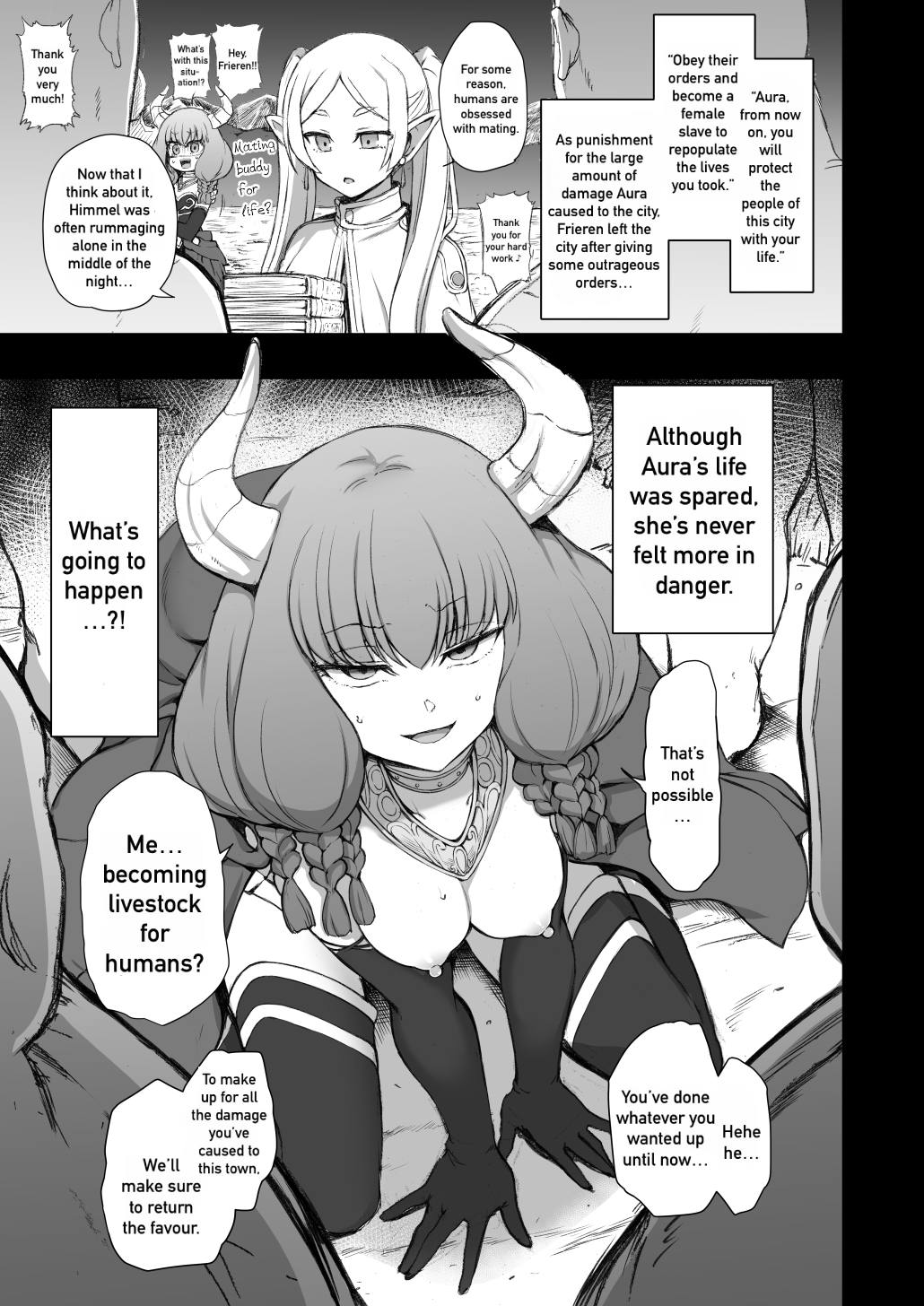 aiue_oka aura_(frieren:_beyond_journey&#039;s_end) aware breasts bugmenotencore_(translator) collar comic demon demon_girl dialogue earrings elf elf_ears english_text erect_nipples eyebrows_visible_through_hair femdom femsub frieren frieren:_beyond_journey&#039;s_end furaseigi_(translator) gloves greyscale hard_translated horns hypnotic_magic jewelry kneeling large_breasts magic maledom monochrome multiple_boys multiple_doms multiple_girls necklace nipples opera_gloves panties preview speech_bubble surprised sweat text thigh_boots thighs translated unhappy_trance