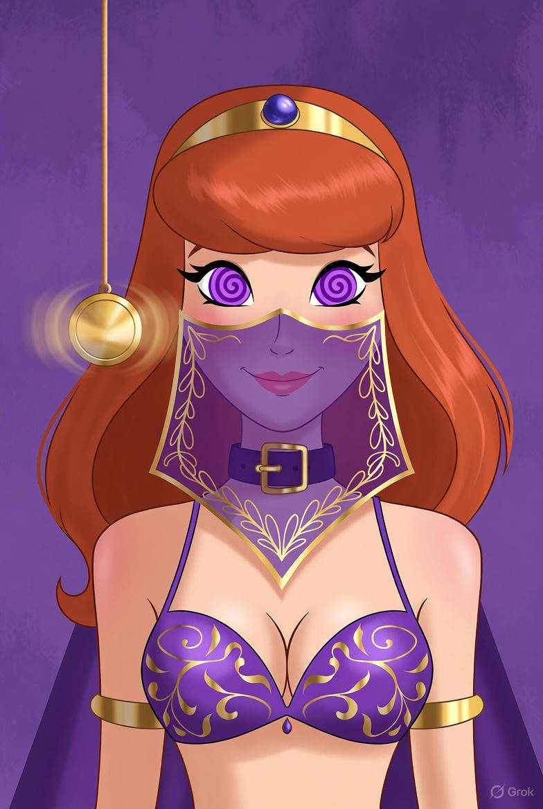 ai_art bikini_top breasts daphne_blake happy_trance harem_outfit pendulum red_hair scooby-doo_(series) spiral_eyes symbol_in_eyes veillover19_(generator)