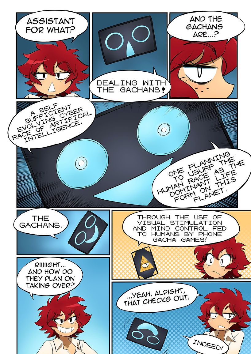 bree_(gacha_gotcha) comic dialogue gacha_gotcha kobi94 original phone red_hair shirt short_hair tech_control