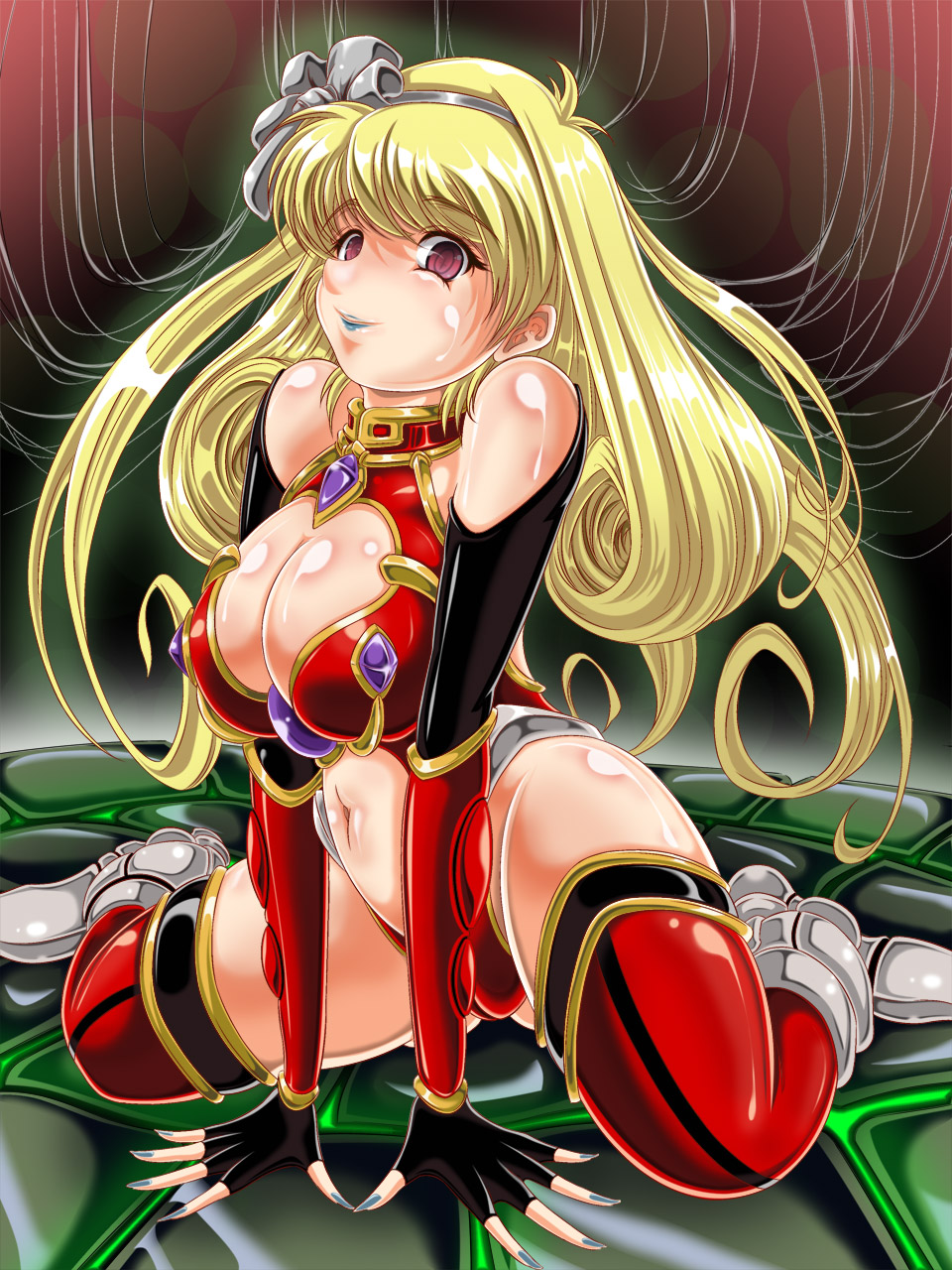 blonde_hair breasts corruption empty_eyes esitoyo femsub happy_trance kneeling langrisser large_breasts long_hair rachel ribbon ring_eyes