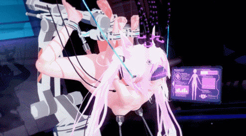 3d animal_ears animated animated_gif arms_behind_back as50bt bangs blush brain_injection cables corruption cuffs dildo feet femsub kitsune_girl koikatsu! milking milking_machine monitor nude pink_hair restrained sex_machine spread_legs tech_control twintails vaginal visor wires