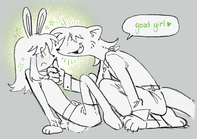 blush bunny_girl chin_hold dialogue femsub furry glowing_eyes green_eyes greyscale hypnotic_eyes kint non-binary non-binary_dom small_breasts smile speech_bubble