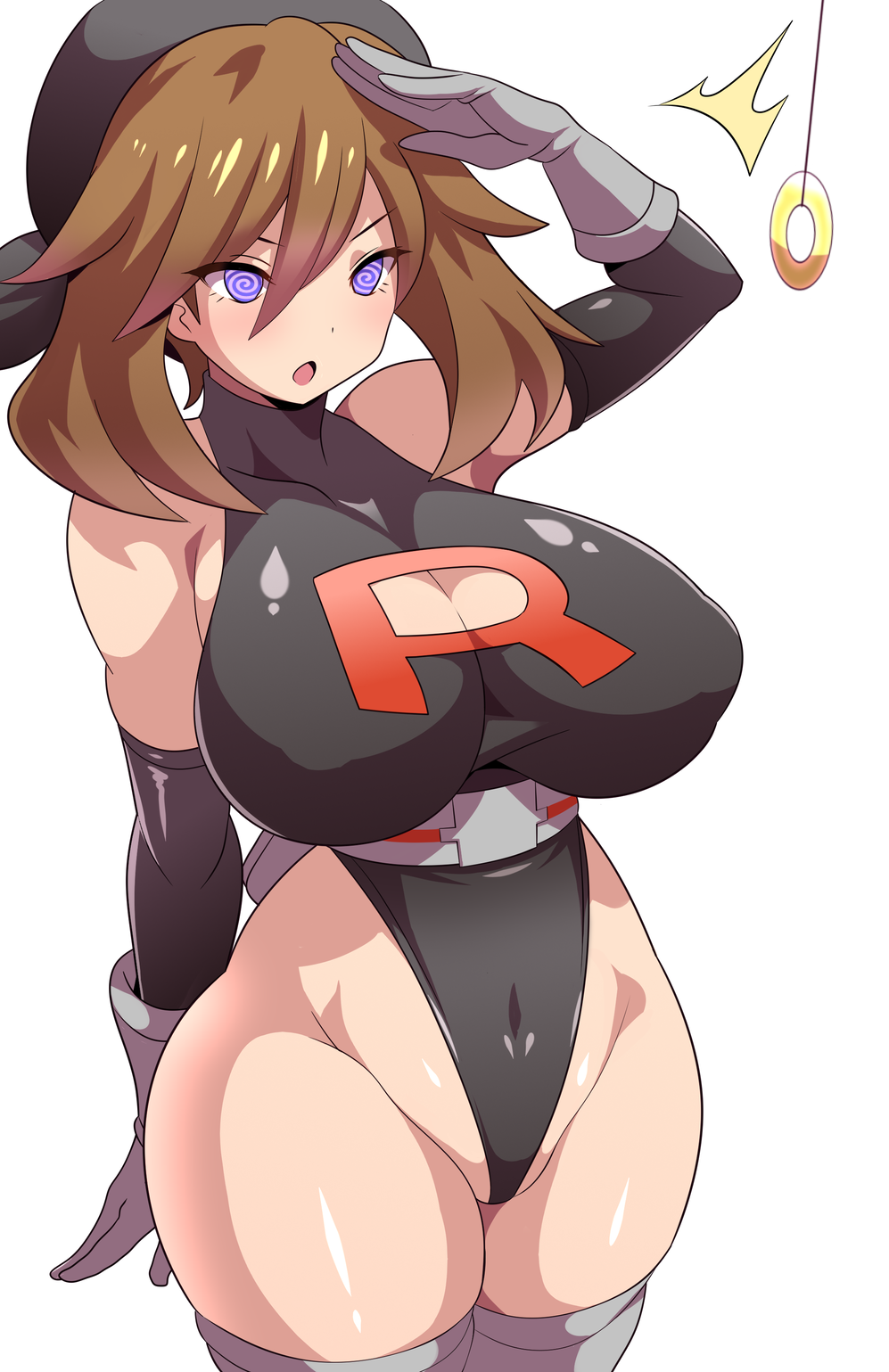 aged_up blush breasts brown_hair cleavage enemy_conversion female_only femsub gloves icontrol_(manipper) konno_tohiro large_breasts leotard manip may nintendo open_mouth pendulum pokemon pokemon_ruby_sapphire_and_emerald saluting short_hair solo spiral_eyes standing standing_at_attention symbol_in_eyes team_rocket thighhighs thighs white_background