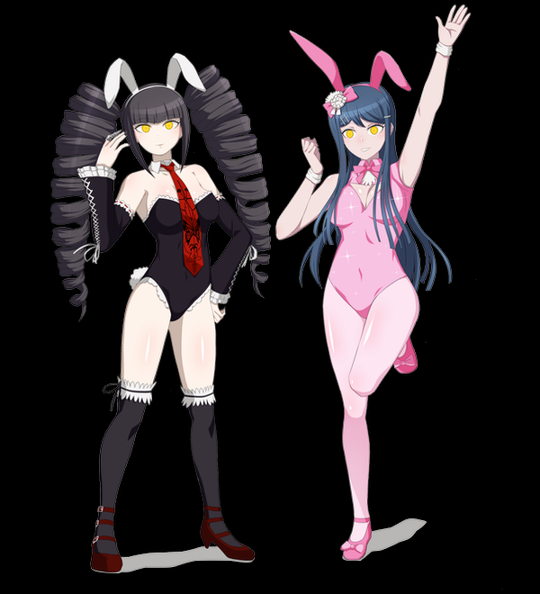 black_hair blue_hair bracelet bunny_ears bunnysuit celestia_ludenberg cleavage dangan_ronpa drill_hair empty_eyes fake_animal_ears female_only femsub happy_trance multiple_girls multiple_subs orcaleon sayaka_maizono smile thighhighs twintails yellow_eyes