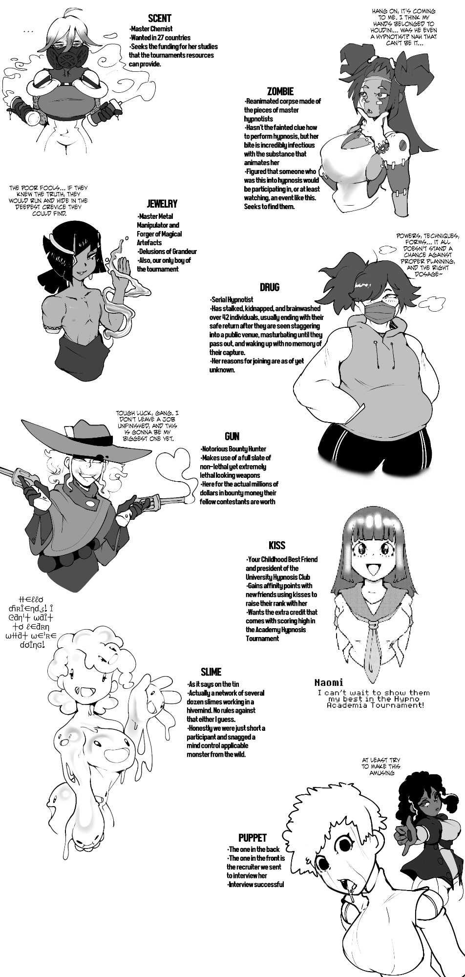 aware character_profile dialogue drool english_text faetomi femdom multiple_girls open_mouth original puppet simple_background text white_background